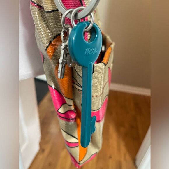 Fossil Keyper Tan Pink Orange Floral PVC Coated Textile CrossbodyPurse W/Key Tag - Picture 3 of 12